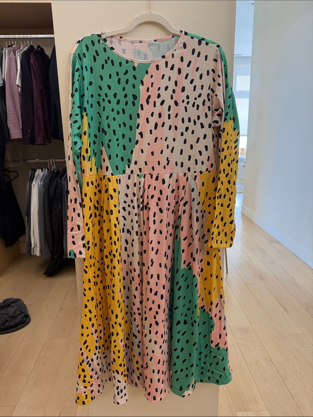 Colorblock Spot Print Long-Sleeve Midi Dress - Pink, Green & Yellow